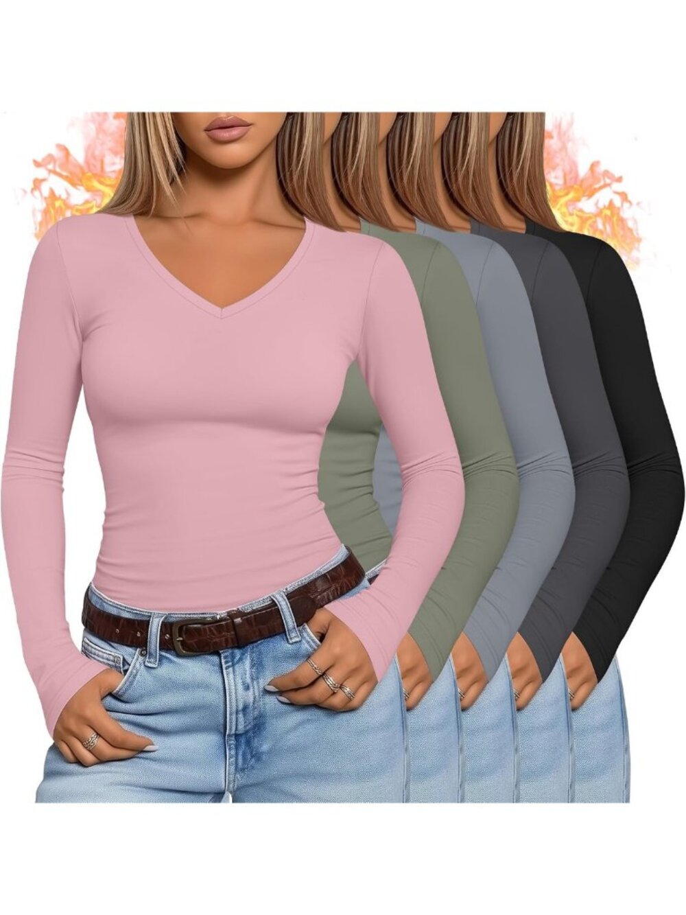 5 Pack Women's Thermal Long Sleeve Tops - Cozy, Warm, Layering Essentials